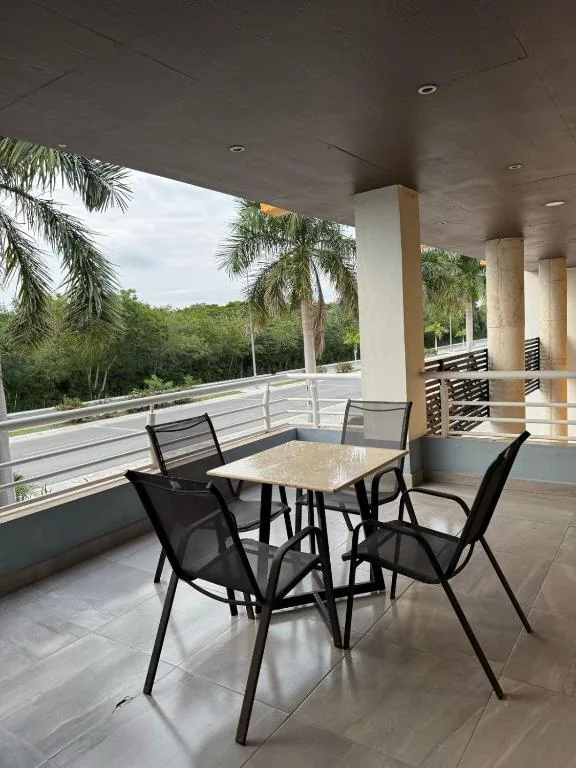 Shaded hotel terrace with palm tree views